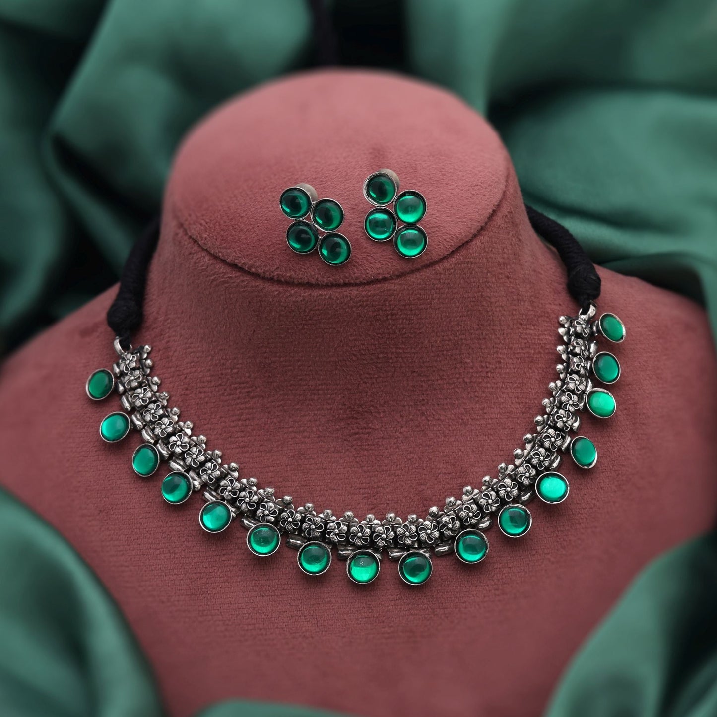 Gorgeous Green Color Oxidised Necklace Set Designed For Festivals, Engagements, And Traditional Styling
