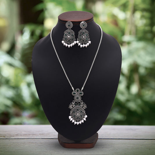Beautiful Green Color Oxidised Necklace Set For Festive And Ethnic Occasions