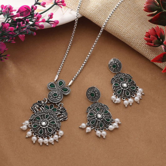 Beautiful Green Color Oxidised Necklace Set For Festive And Ethnic Occasions
