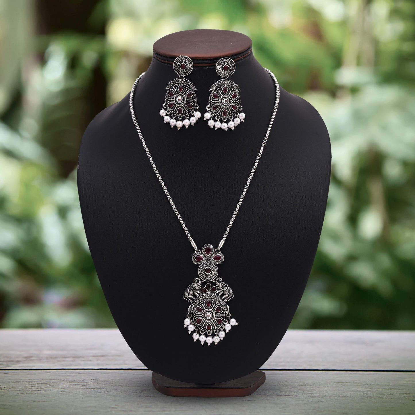 Gorgeous Maroon Color Oxidised Necklace Set With Classic Tribal Craft Design