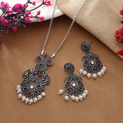 Gorgeous Maroon Color Oxidised Necklace Set With Classic Tribal Craft Design