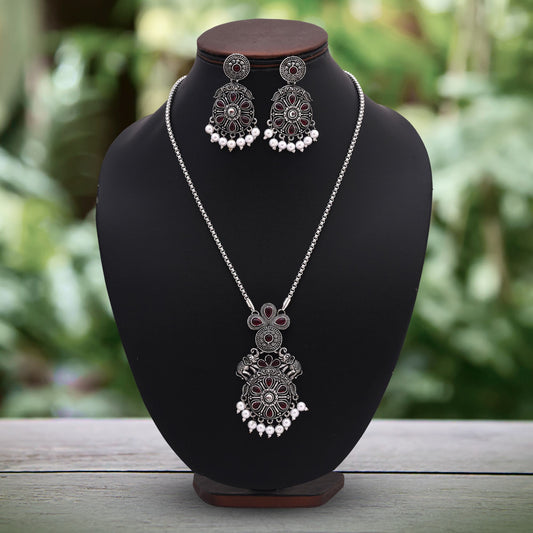 Royal Purple Color Oxidised Necklace Set With Antique Silver Plated Finish