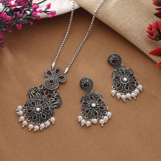 Royal Purple Color Oxidised Necklace Set With Antique Silver Plated Finish