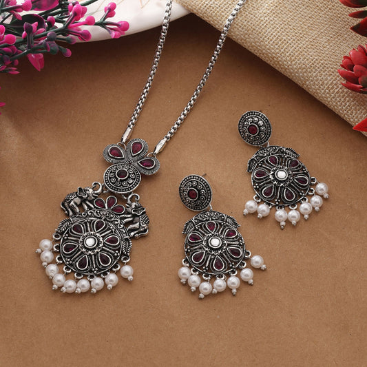 Traditional Rani Color Oxidised Necklace Set With Antique Silver Finish