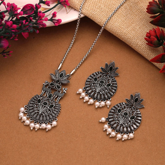 Stylish Black Color Oxidised Necklace Set With Mirror And Bead Work