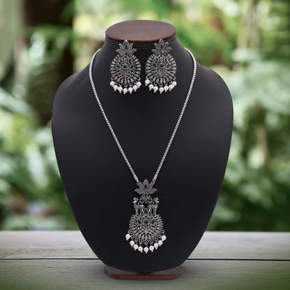 Radiant Green Color Oxidised Necklace Set With Traditional Silver Work