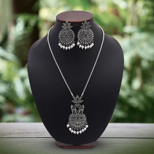 Radiant Green Color Oxidised Necklace Set With Traditional Silver Work