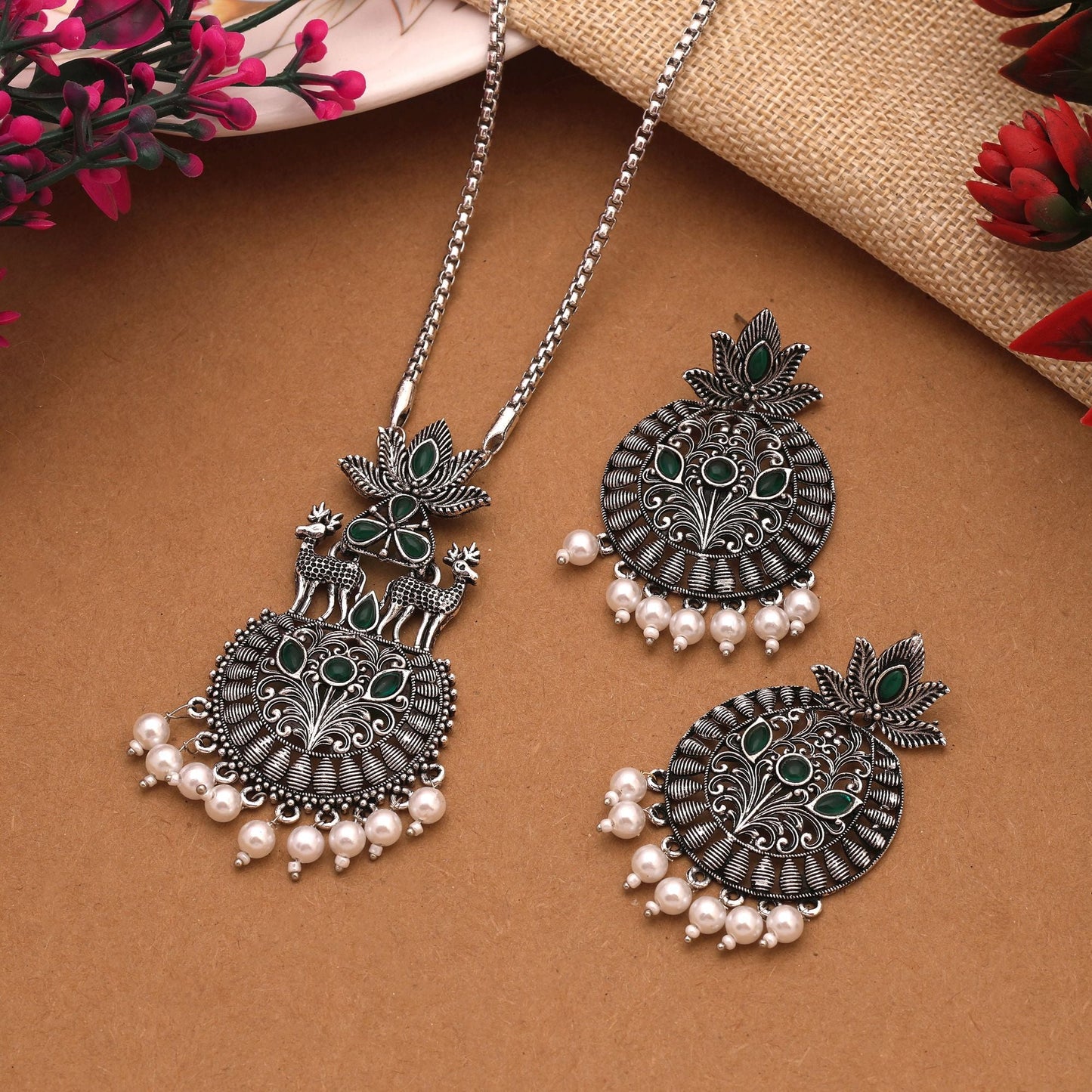 Radiant Green Color Oxidised Necklace Set With Traditional Silver Work