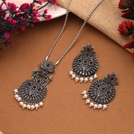 Elegant Maroon Color Oxidised Necklace Set For Wedding And Cultural Events
