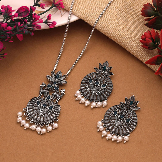 Stunning Turquoise Blue Color Oxidised Necklace Set With Ethnic Detailing