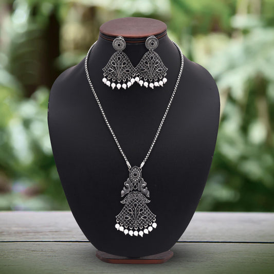 Chic Black Color Oxidised Necklace Set Perfect For Boho And Indo-Western Wear