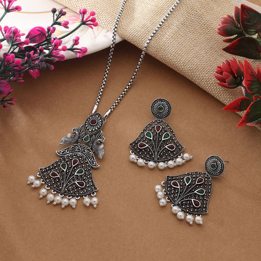 Maroon & Green Color Oxidised Necklace Set For Traditional Festive Celebrations