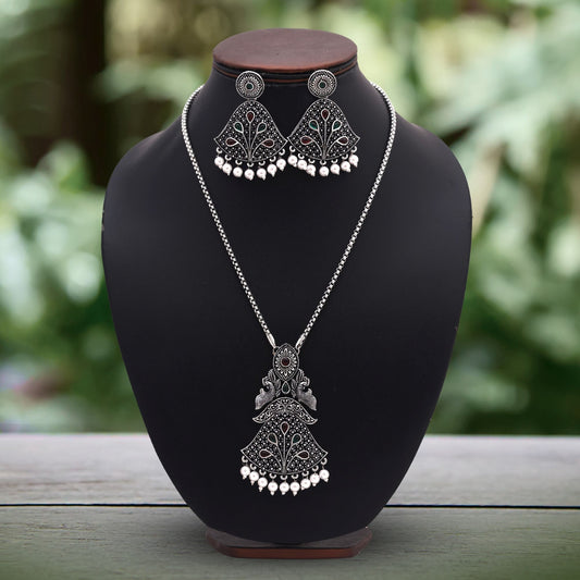 Maroon & Green Color Oxidised Necklace Set For Traditional Festive Celebrations