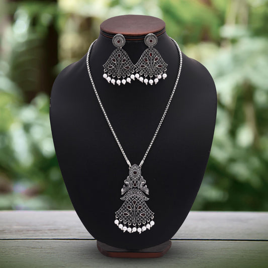 Classic Maroon Color Oxidised Necklace Set With Detailed Antique Craft Finish