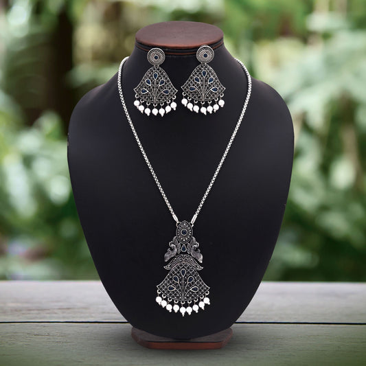 Attractive Turquoise Blue Color Oxidised Necklace Set With Beaded Silver Work