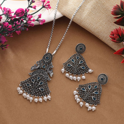 Attraktives türkisblaues oxidiertes Halskettenset mit Perlenarbeit aus Silber