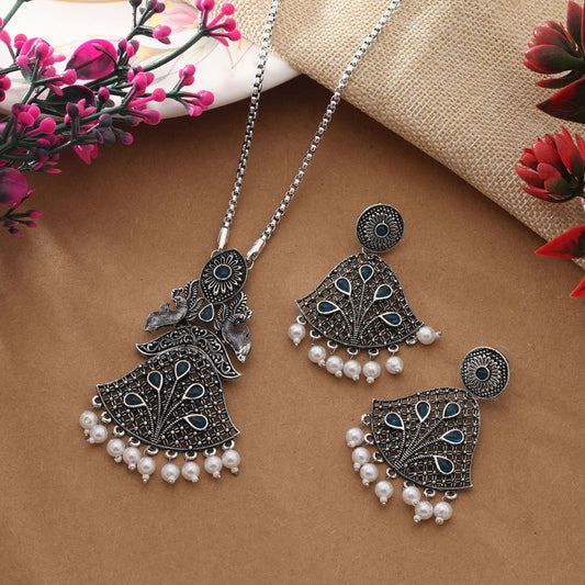 Attractive Turquoise Blue Color Oxidised Necklace Set With Beaded Silver Work