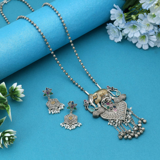Multi Color Dual Tone Oxidised Necklace Set Featuring Vibrant Designs For Festive Traditional Styling