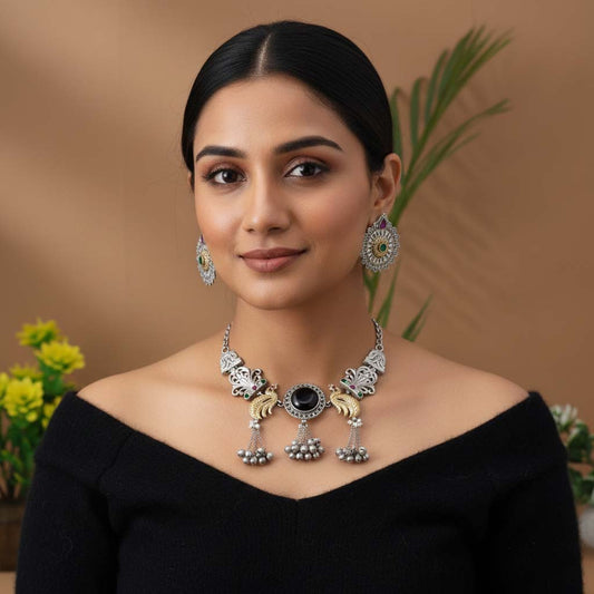 Multi Color Dual Tone Oxidised Necklace Set Enhanced With Artistic Motifs For Timeless Ethnic Charm