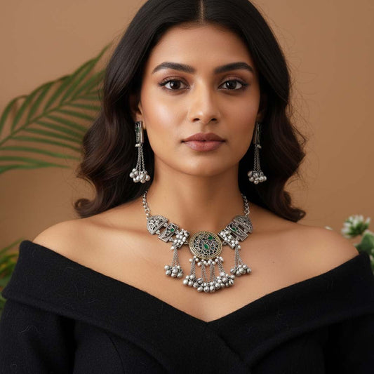 Multi Color Dual Tone Oxidised Necklace Set Designed For Bold Statement Traditional Fashion Appeal