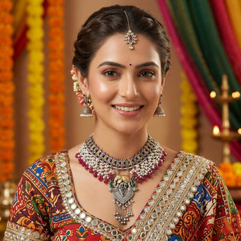 Rani & Green Color Dual Tone Oxidised Necklace Set Offering Regal Tones With Ornate Craftsmanship | FEMNARI
