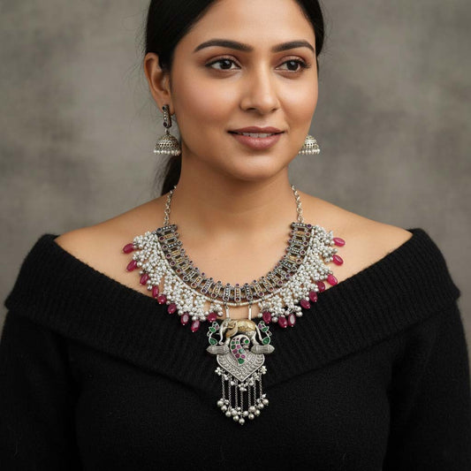 Rani & Green Color Dual Tone Oxidised Necklace Set Offering Regal Tones With Ornate Craftsmanship