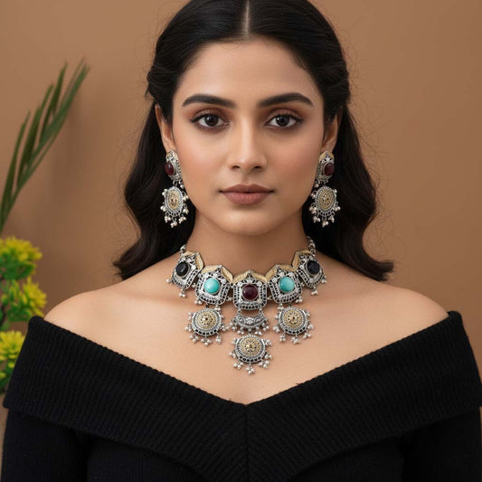 Multi Color Choker Dual Tone Oxidised Necklace Set Delivering Vibrant Festive Elegance With Oxidised Finish