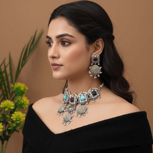 Multi Color Choker Dual Tone Oxidised Necklace Set Delivering Vibrant Festive Elegance With Oxidised Finish