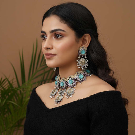 Pista Green Color Choker Dual Tone Oxidised Necklace Set Crafted For A Graceful Classic Look
