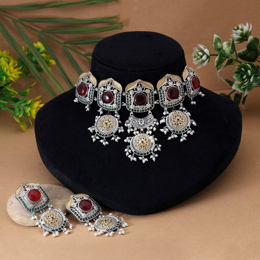 Rotfarbenes Choker-Set, zweifarbig, oxidiert, mit kräftigen Farbtönen und edlem oxidierten Finish