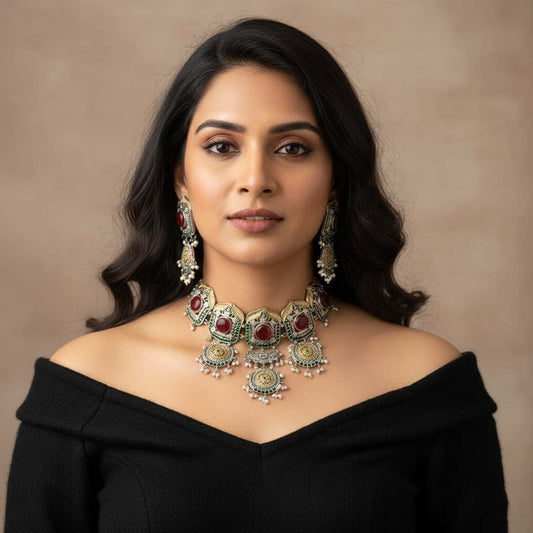 Red Color Choker Dual Tone Oxidised Necklace Set Showcasing Bold Hues And Refined Oxidised Work