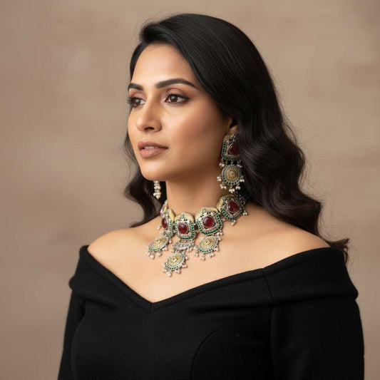 Red Color Choker Dual Tone Oxidised Necklace Set Showcasing Bold Hues And Refined Oxidised Work