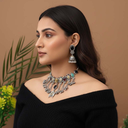 Multi Color Choker Dual Tone Oxidised Necklace Set Offering Colorful Charm With Meticulous Oxidised Detailing