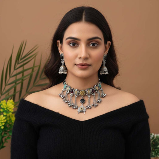 Multi Color Choker Dual Tone Oxidised Necklace Set Offering Colorful Charm With Meticulous Oxidised Detailing