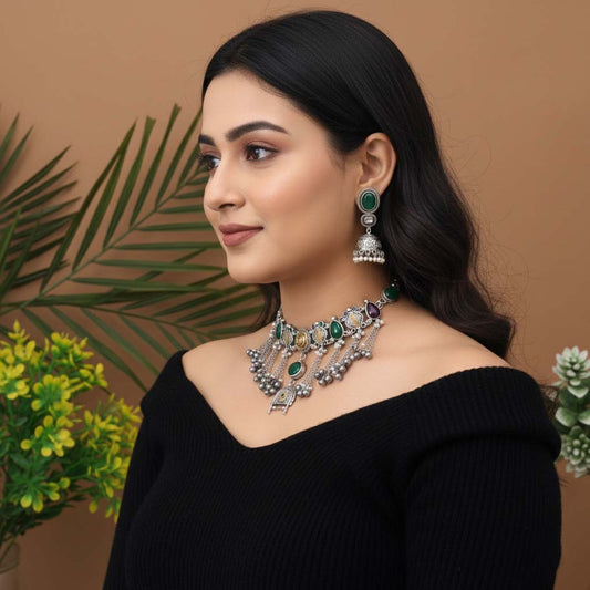 Maroon & Green Color Choker Dual Tone Oxidised Necklace Set Designed For Rich Traditional Festive Appearance