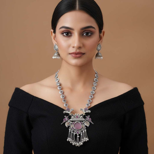 Light Pink & Rani Color Dual Tone Oxidised Necklace Set Blending Soft Tones With Exquisite Oxidised Styling