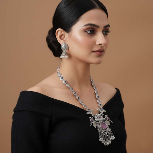 Light Pink & Rani Color Dual Tone Oxidised Necklace Set Blending Soft Tones With Exquisite Oxidised Styling