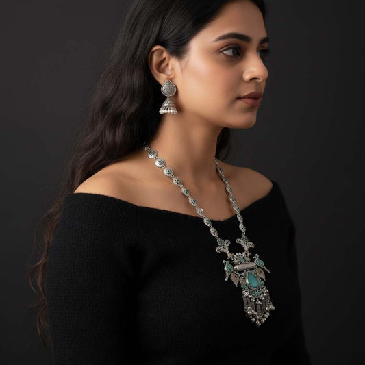 Pista Green Color Dual Tone Oxidised Necklace Set Infused With Refreshing Tones And Detailed Metalwork