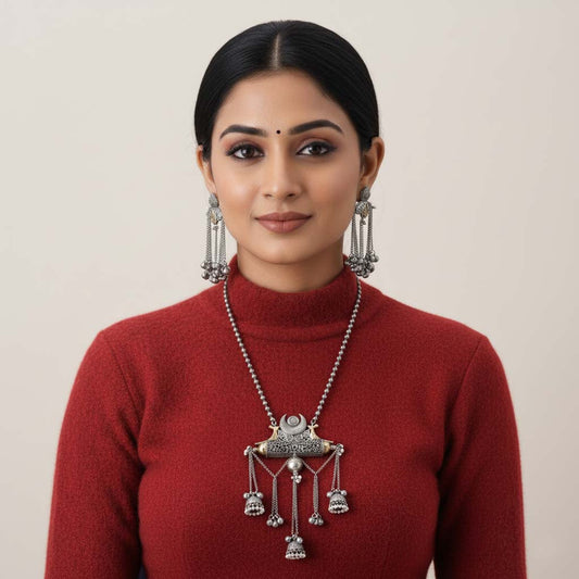 Silver Color Dual Tone Oxidised Necklace Set Featuring Classic Metallic Tones With Ornate Oxidised Texture