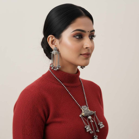 Silver Color Dual Tone Oxidised Necklace Set Featuring Classic Metallic Tones With Ornate Oxidised Texture