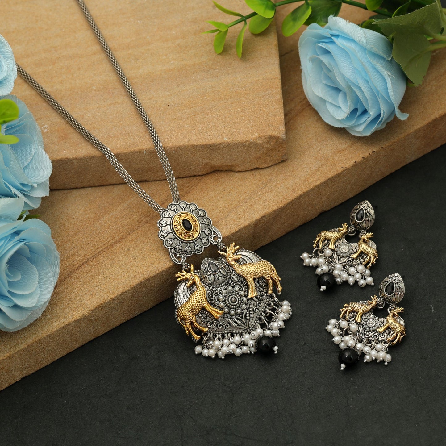 Black Color Dual Tone Oxidised Necklace Set Stylish Vintage Ethnic Jewelry Collection