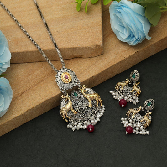 Rotbraun & Grün Zweifarbige Oxidierte Halskette Set Traditioneller Festlicher Schmuck