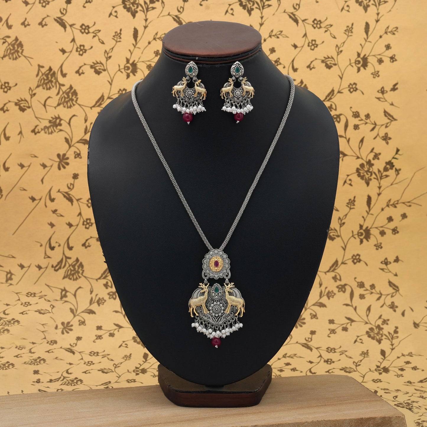 Rotbraun & Grün Zweifarbige Oxidierte Halskette Set Traditioneller Festlicher Schmuck
