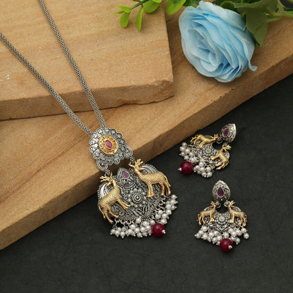 Maroon Color Dual Tone Oxidised Necklace Set Classic Antique Ethnic Jewelry Design