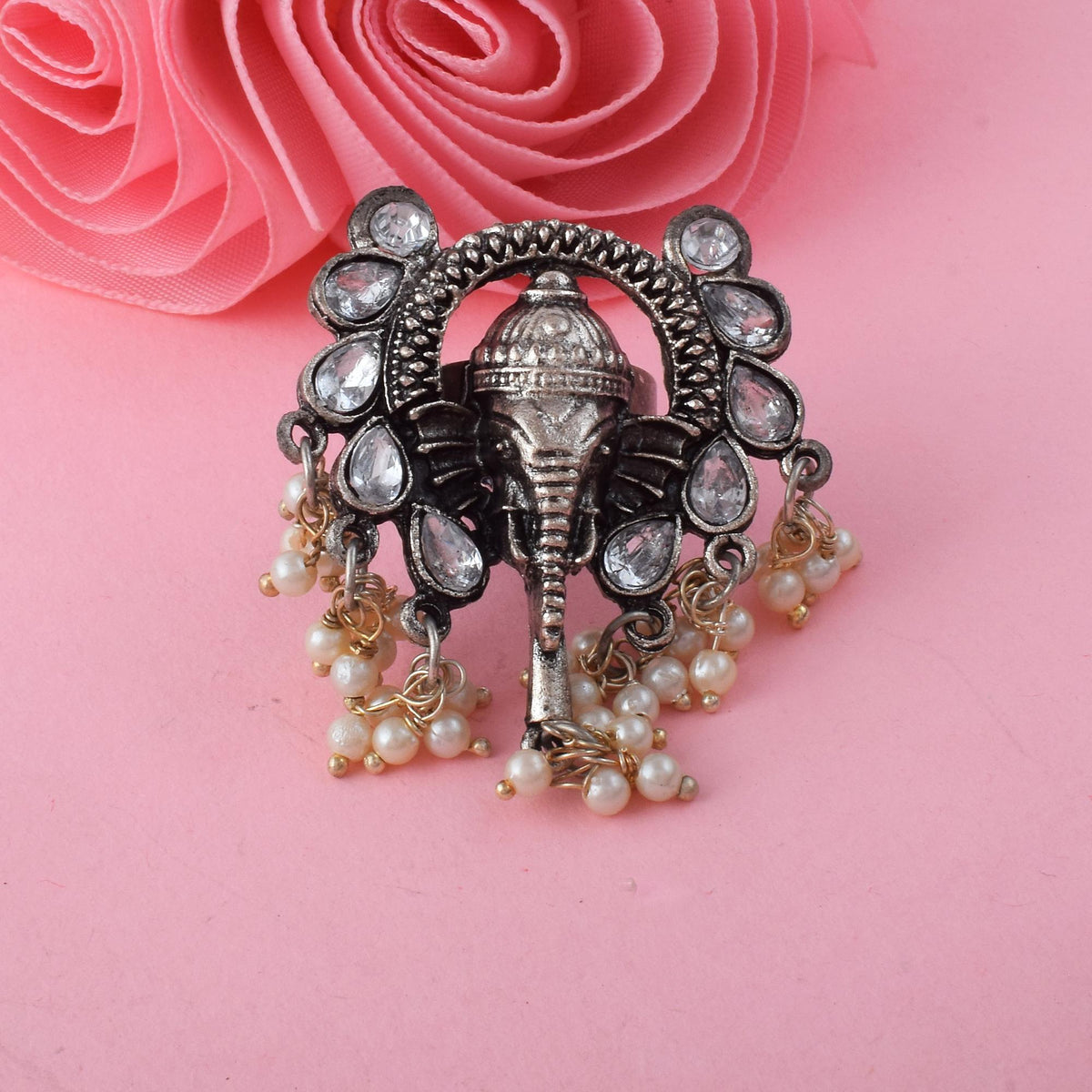 Designer Silver Color Oxidised Rings With Floral And Tribal Motifs