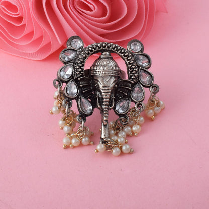 Designer Silver Color Oxidised Rings With Floral And Tribal Motifs