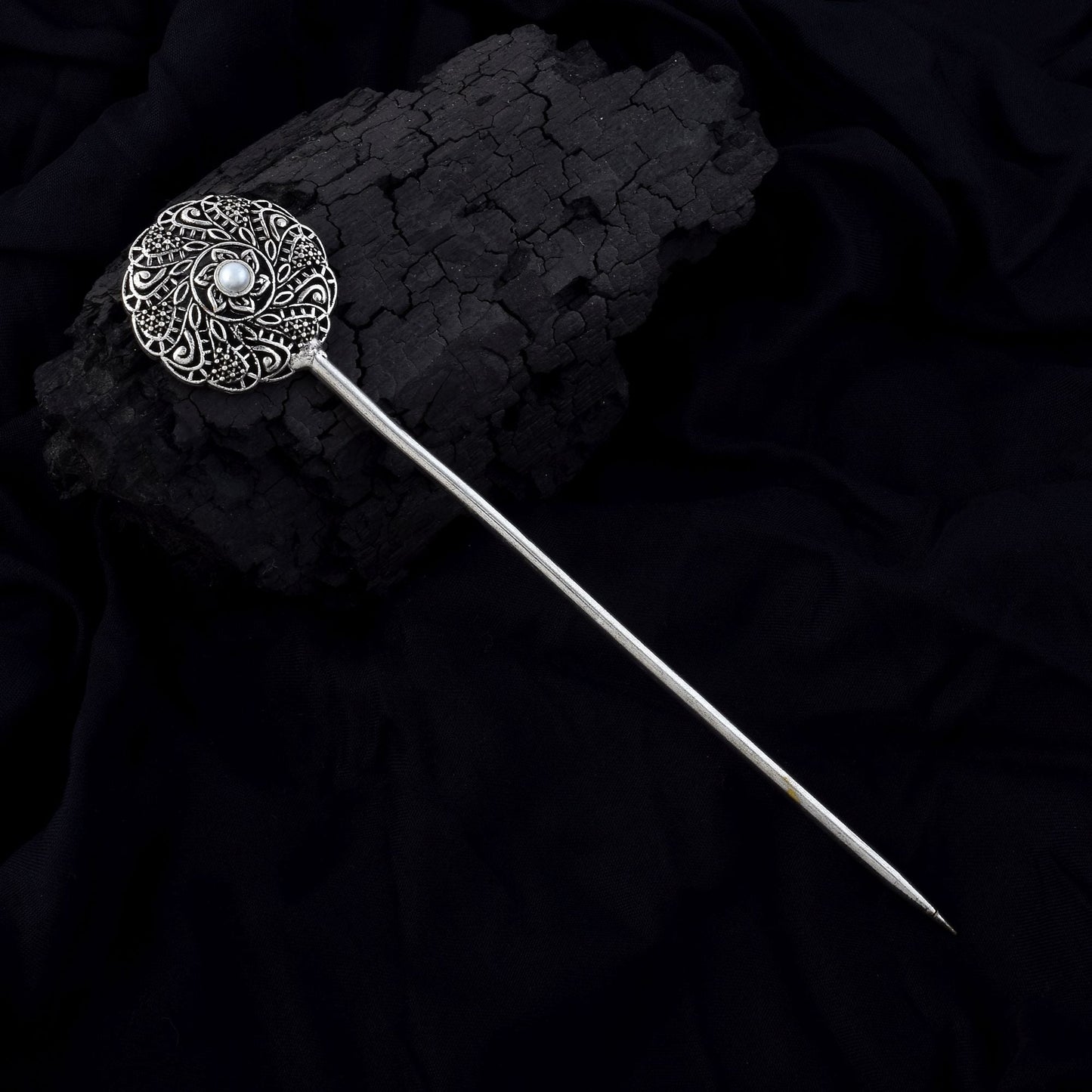 Stylish Silver Color Oxidised Hair Pin Perfect For Brides, Parties, And Cultural Fashion Jewelry