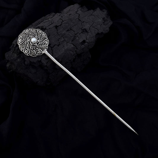 Stylish Silver Color Oxidised Hair Pin Perfect For Brides, Parties, And Cultural Fashion Jewelry