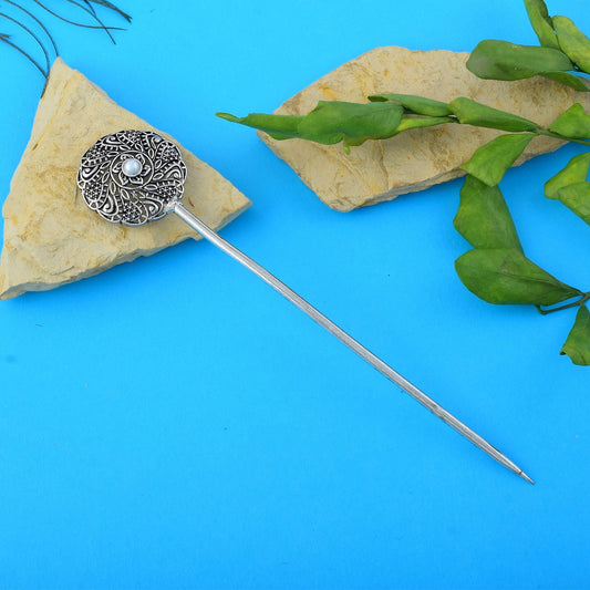 Stylish Silver Color Oxidised Hair Pin Perfect For Brides, Parties, And Cultural Fashion Jewelry
