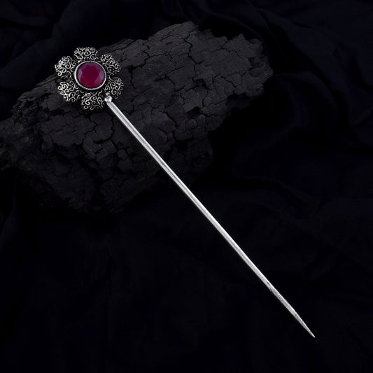 Elegant Rani Color Oxidised Hair Pin Designed For Traditional Wear And Party Styling Jewelry